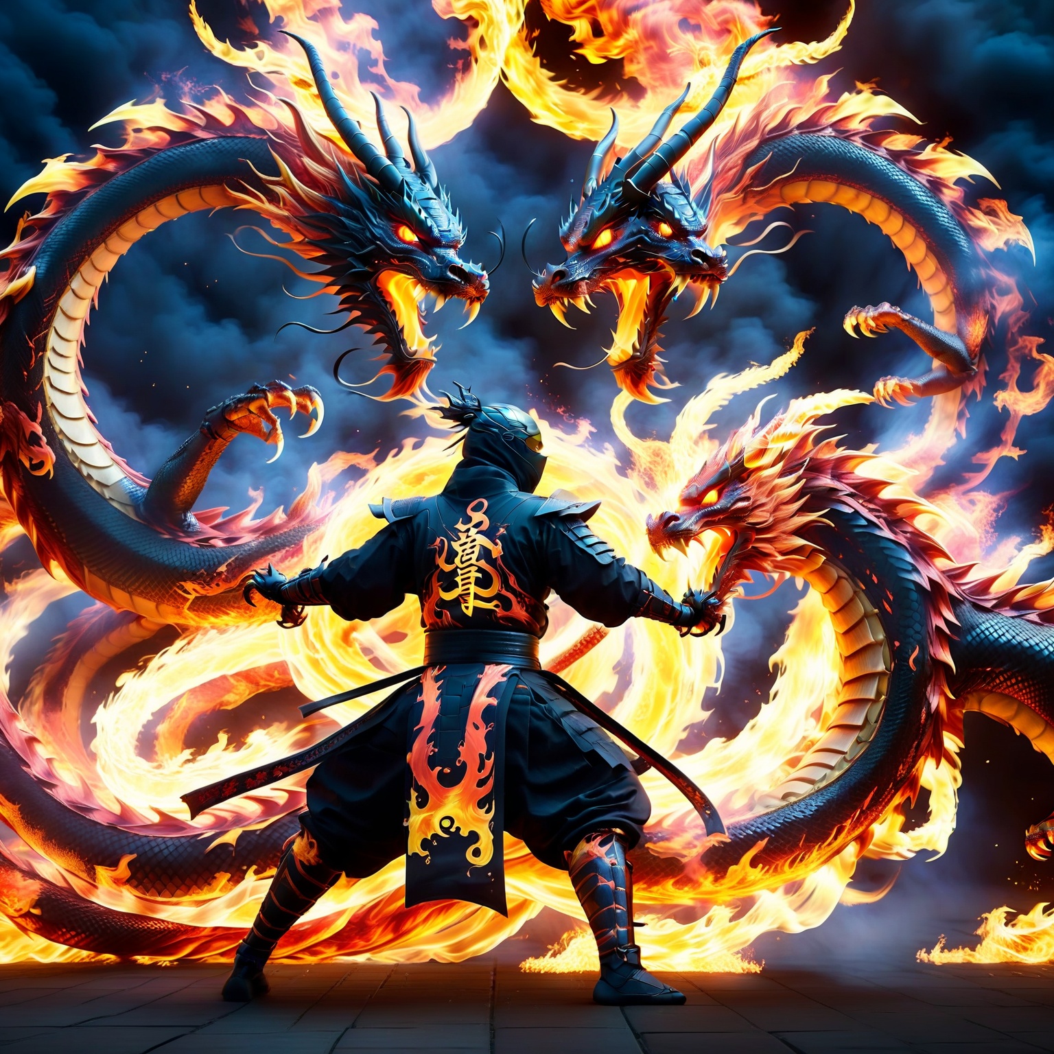 Create an image of a futuristic Japanese ninja manipulating flames and the energy of fire to form two gigantic flame drago...
