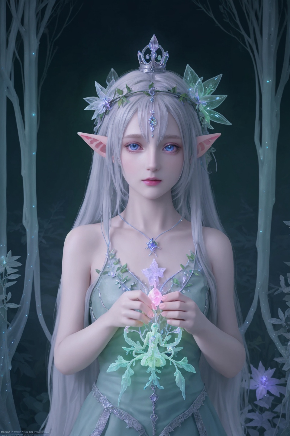 HDR,  Ultra detailed illustration of a elf with crown lost in a magical world full of wonders forest,  unique luminous flo...