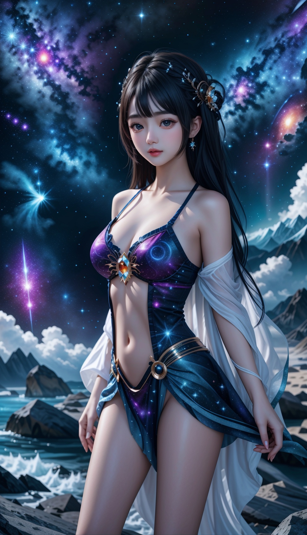 A cosmic goddess standing on a celestial beach,  adorned in a flowing and ethereal dress that shimmers with the colors of...
