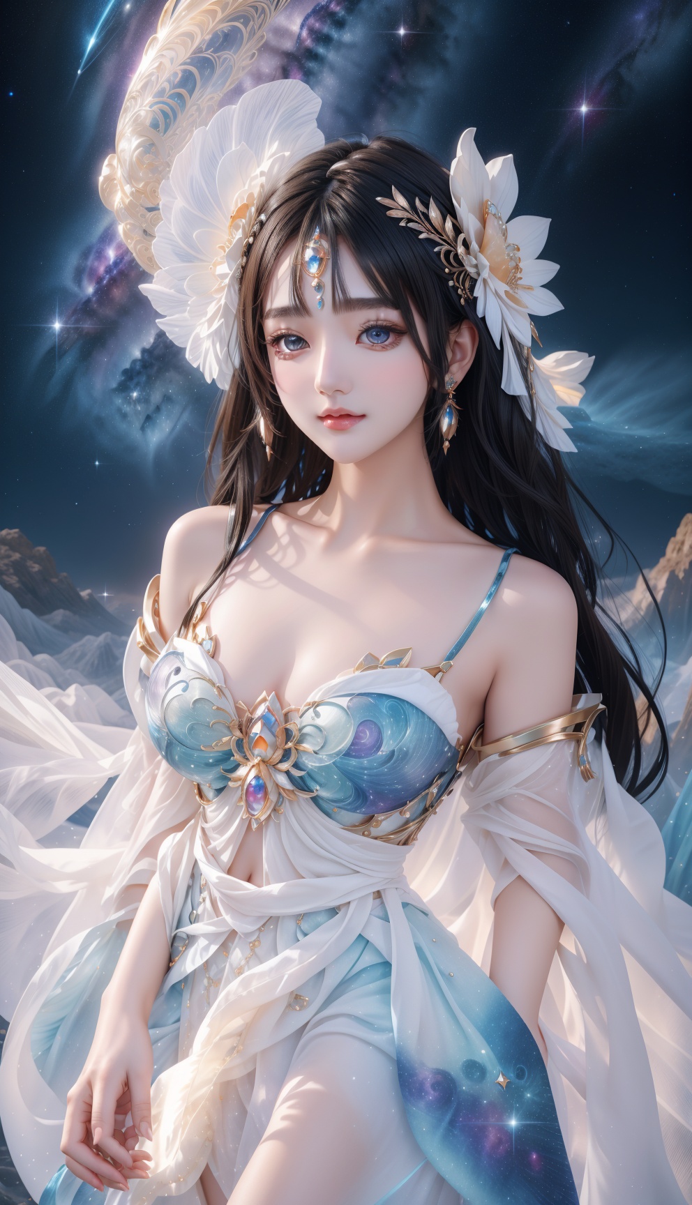 A cosmic goddess standing on a celestial beach,  adorned in a flowing and ethereal dress that shimmers with the colors of...