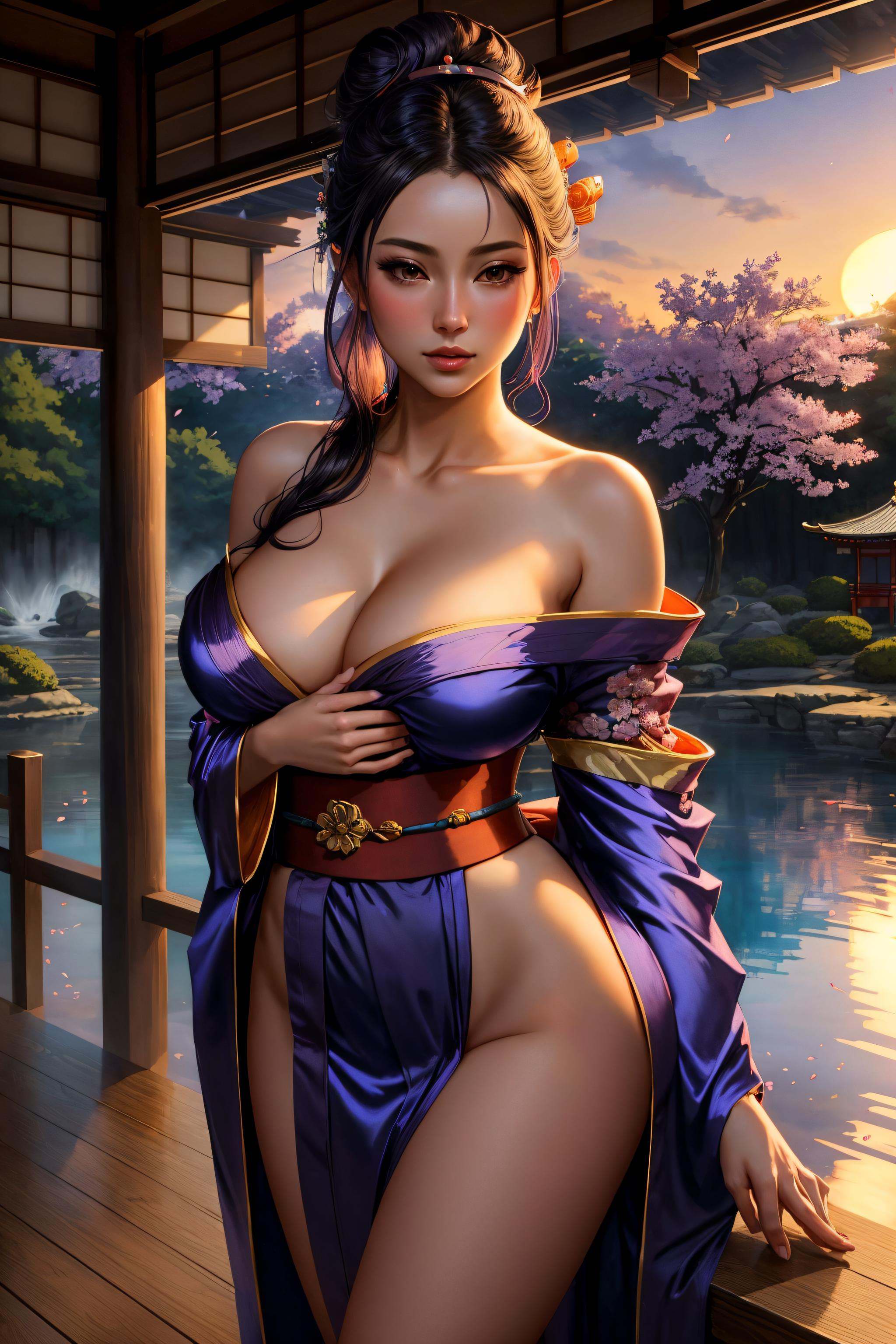pond,  feudal japanese architecture,  female on Tensor.Art