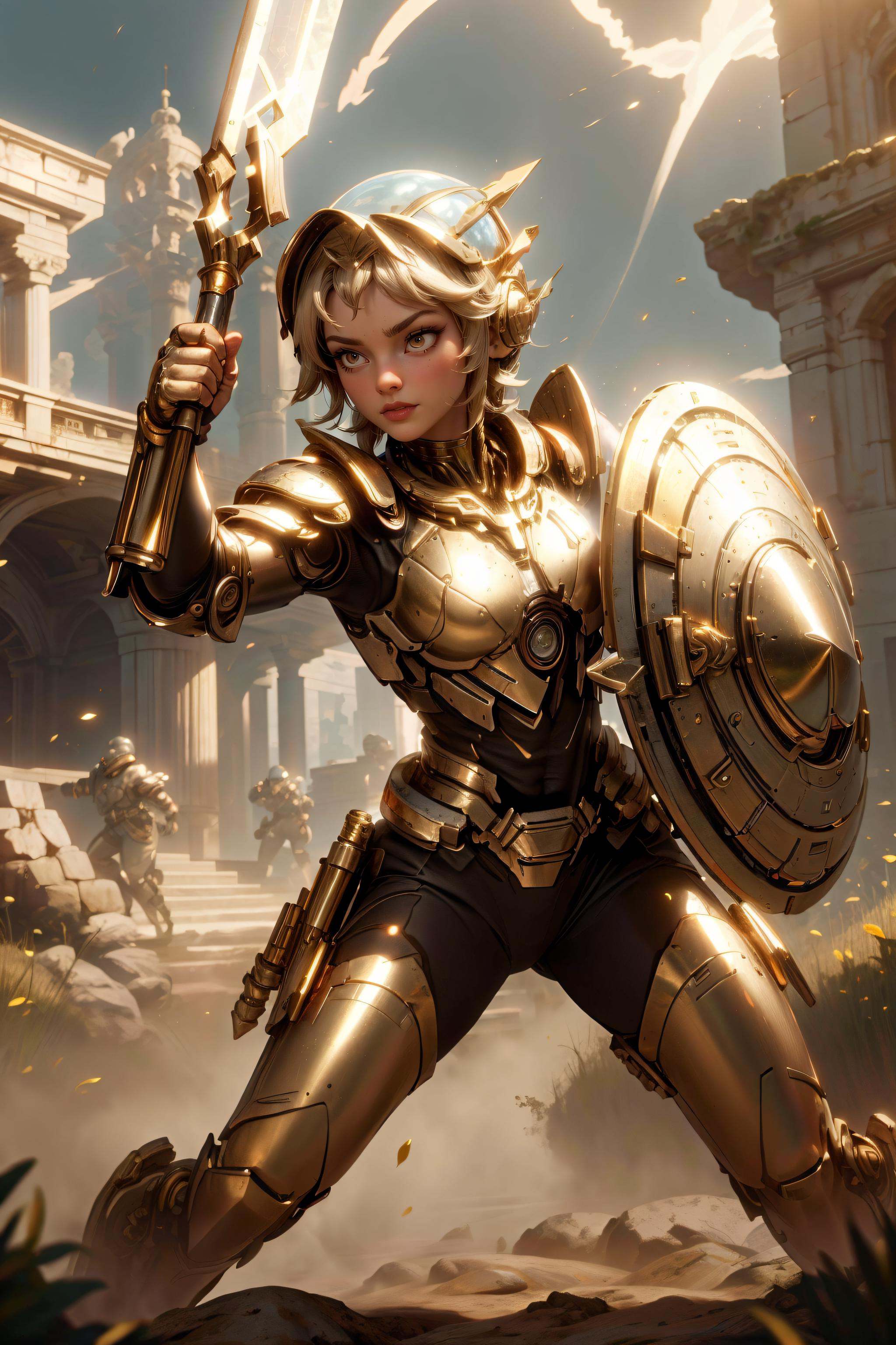 Athena,  Spear and Shield,  fighting on Tensor.Art