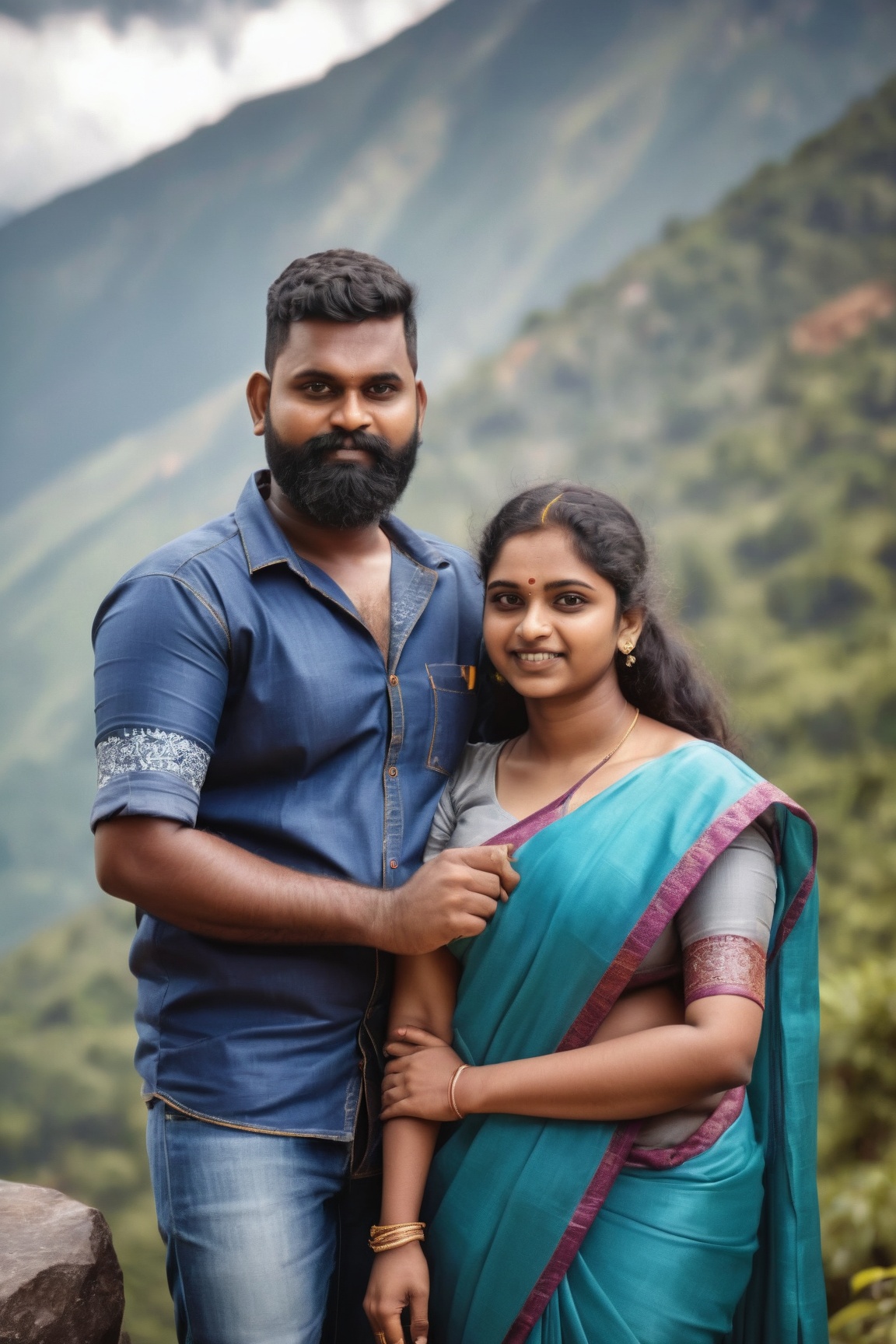Mallu beautiful couples 22 years old girl with saree 30years old beard man jeans and t-shirt they are taking photo on a mo...