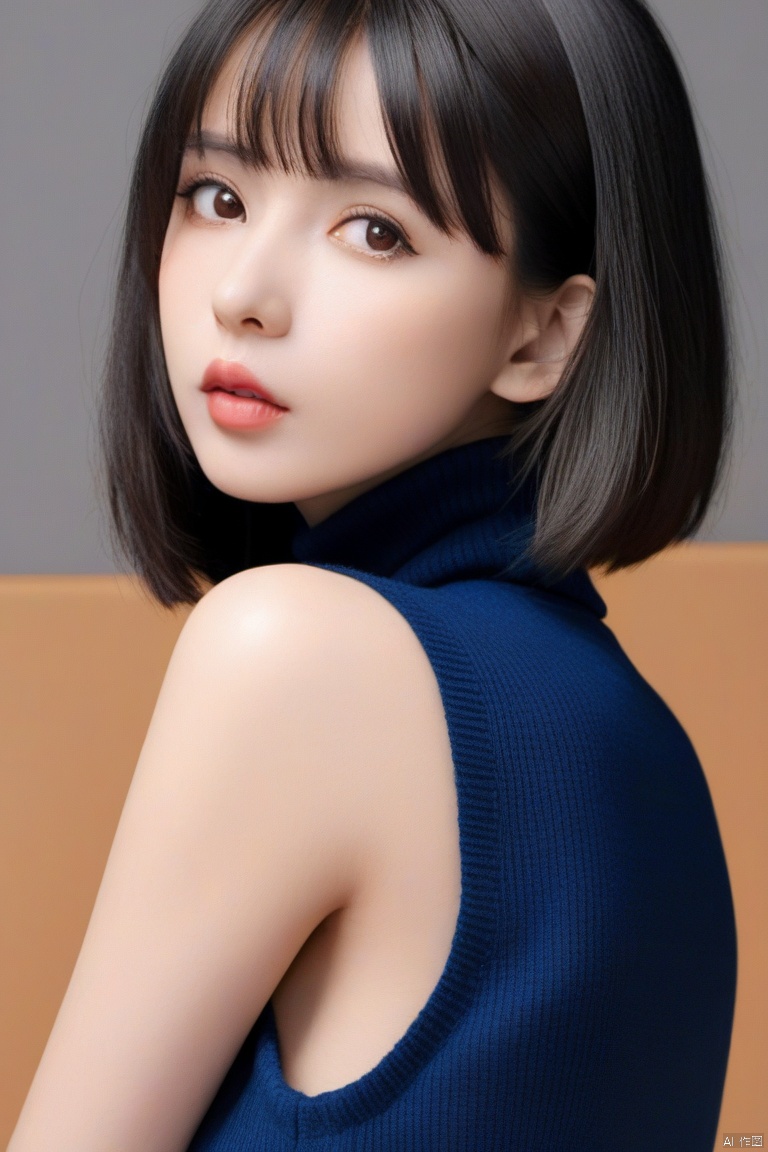  masterpiece,bestquality,8k,4k,
 1girl, solo, black hair, looking at viewer, turtleneck, parted lips, bangs, short hair, sweater, upper body, brown eyes, lips, grey background, blunt bangs, turtleneck sweater, simple background, sweater, sleeveless, g009,