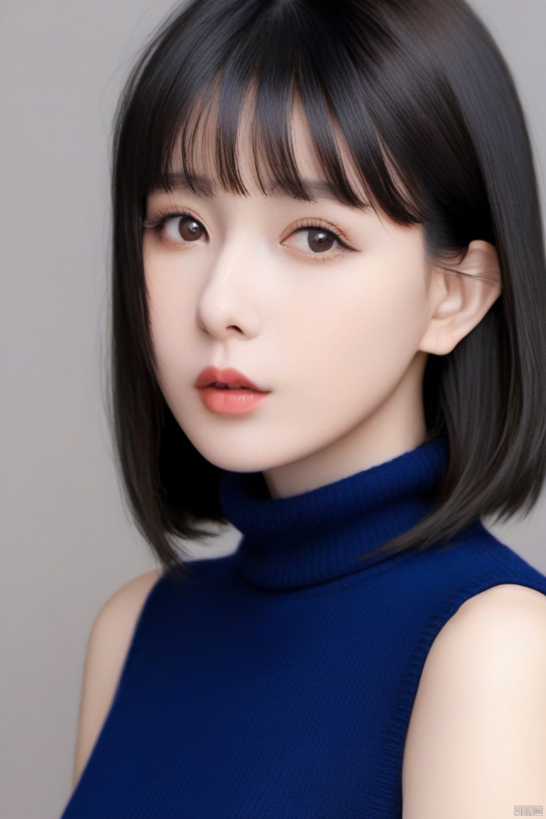  masterpiece,bestquality,8k,4k,
 1girl, solo, black hair, looking at viewer, turtleneck, parted lips, bangs, short hair, sweater, upper body, brown eyes, lips, grey background, blunt bangs, turtleneck sweater, simple background, sweater, sleeveless, g009,