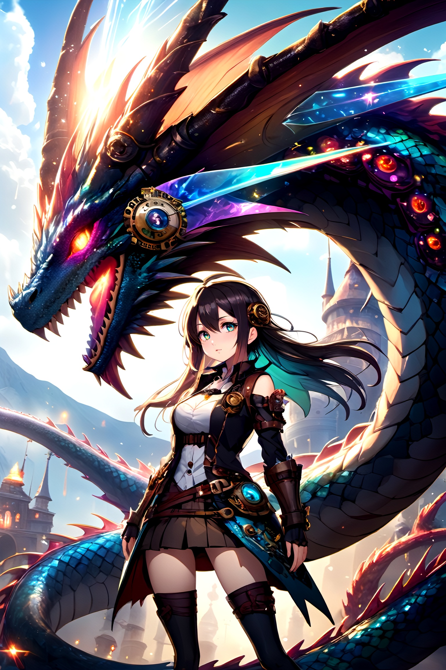 RainbowDragon,  Adventurer very beautiful and kawaii girl is terrified in front of the dragon,  ultra high-definition anim...