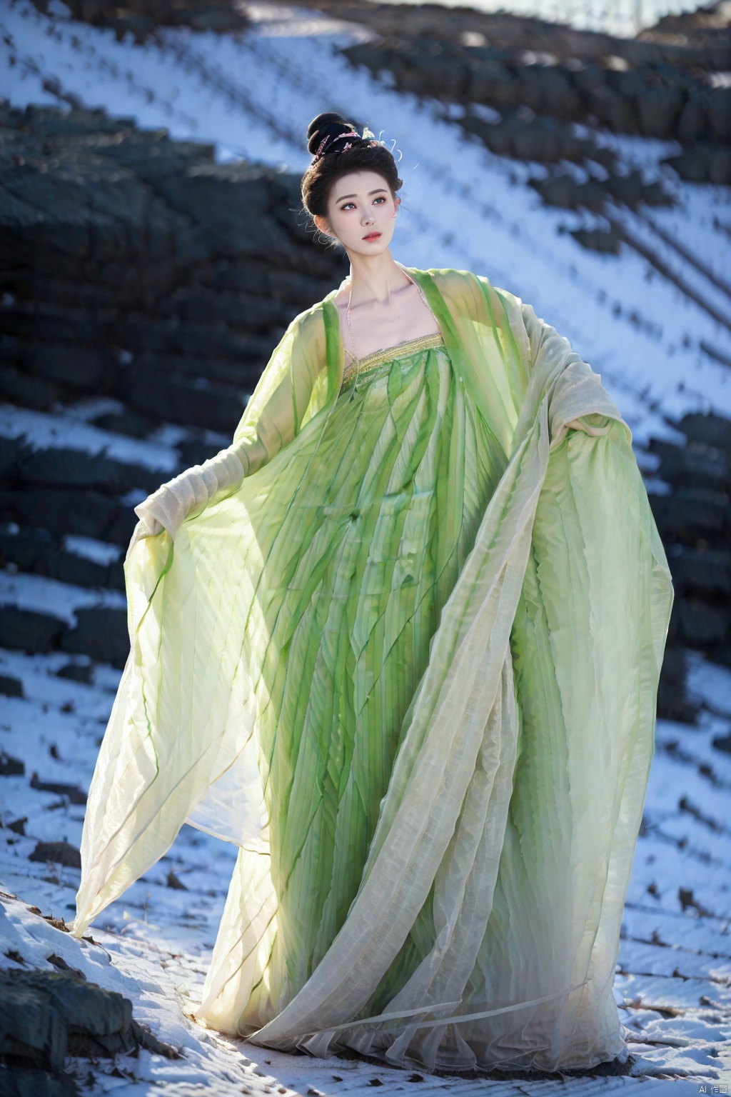 (1girl:1.3), (best quality, masterpiece, ultra high resolution),(photorealistic:1.3), (realistic:1.3), depth of field,(full body:1.2), (day:1.2), (cinematic lighting:1.2), ,  hanfu,