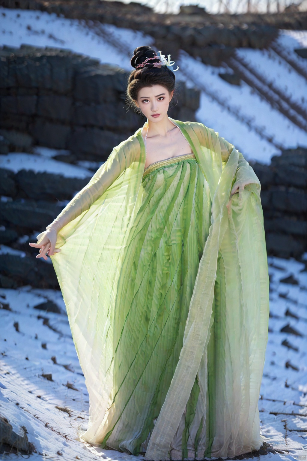(global illumination, reality,ray tracing, HDR, unreal rendering, reasonable design, high detail, masterpiece,best quality, ultra high definition, movie lighting),
1girl,outdoor,looking_at_viewer,side_blunt_bangs,china_dress,chinese_style,big breasts,pose,solo,1girl,black hair,black eyes, ,  hanfu,