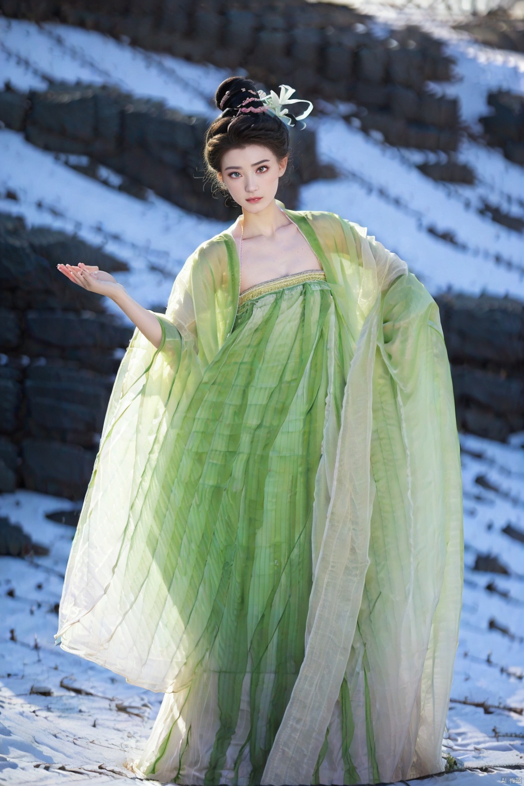 (global illumination, reality,ray tracing, HDR, unreal rendering, reasonable design, high detail, masterpiece,best quality, ultra high definition, movie lighting),
1girl,outdoor,looking_at_viewer,side_blunt_bangs,china_dress,chinese_style,big breasts,pose,solo,1girl,black hair,black eyes, ,  hanfu,