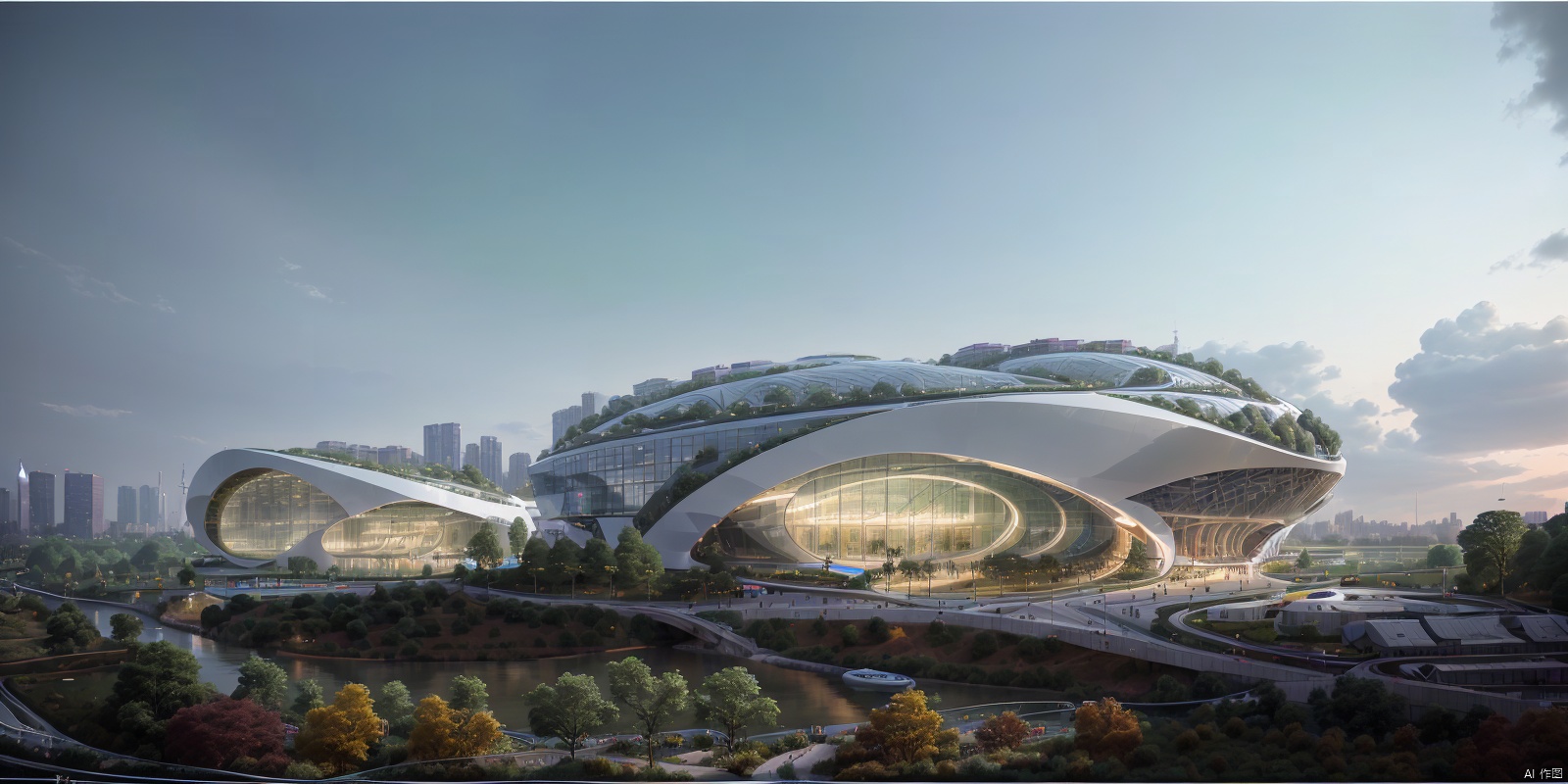  River view, urban, Futuristic, Technological, MIR, modern architecture, ecology,Text, Green Park
, Landscape,Alien Exhibition Hall