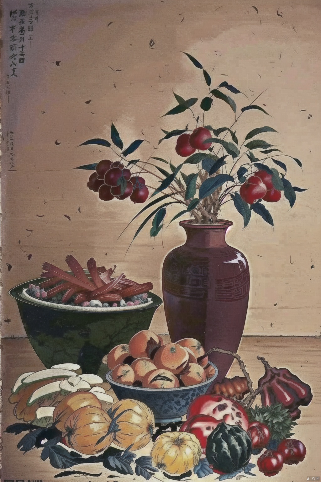  (best quality, masterpiece, ultra high resolution),depth of field,(day:1.2), (cinematic lighting:1.2), painting, plants, fruits