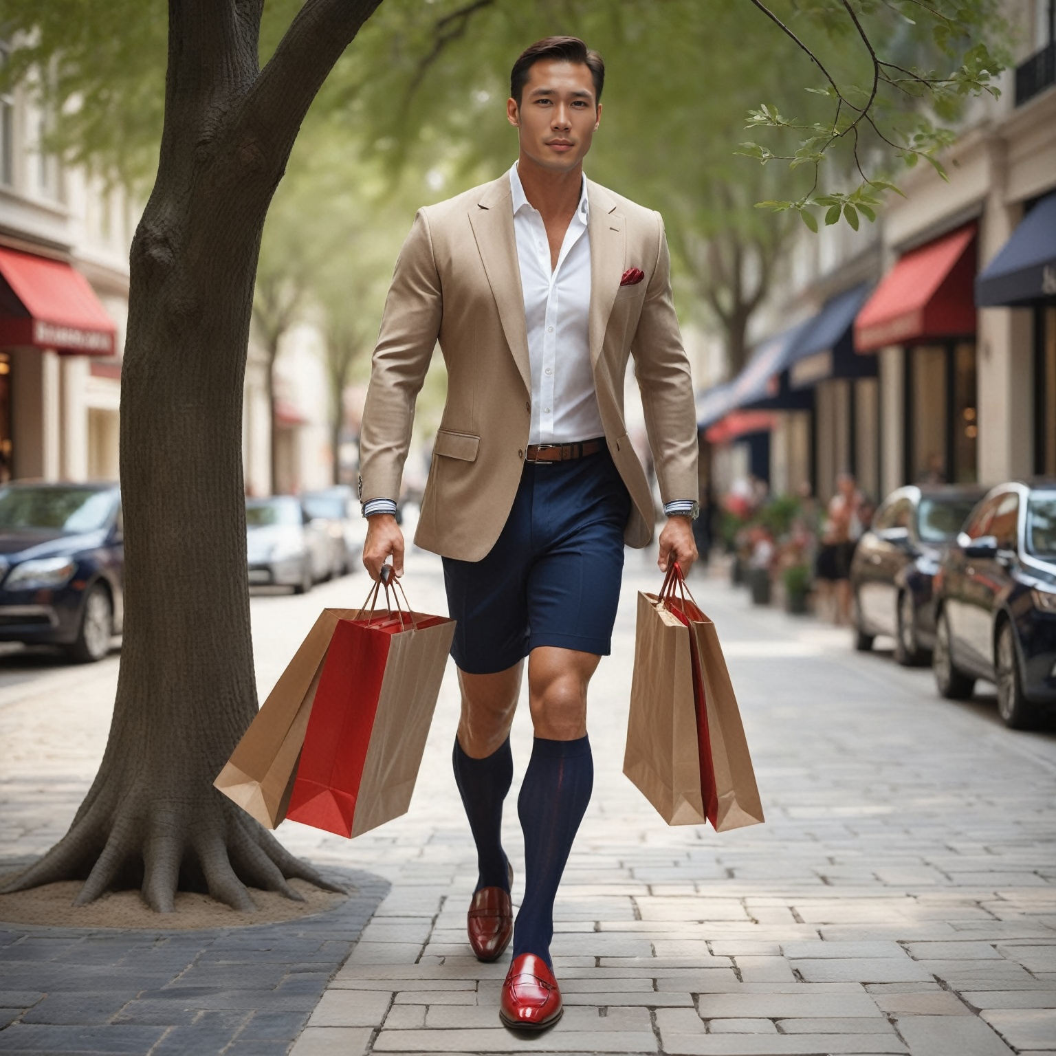A Eurasian gentleman,  dressed to impress in a sharp suit with shorts,  stone pavement is with big ash tree on Tensor.Art