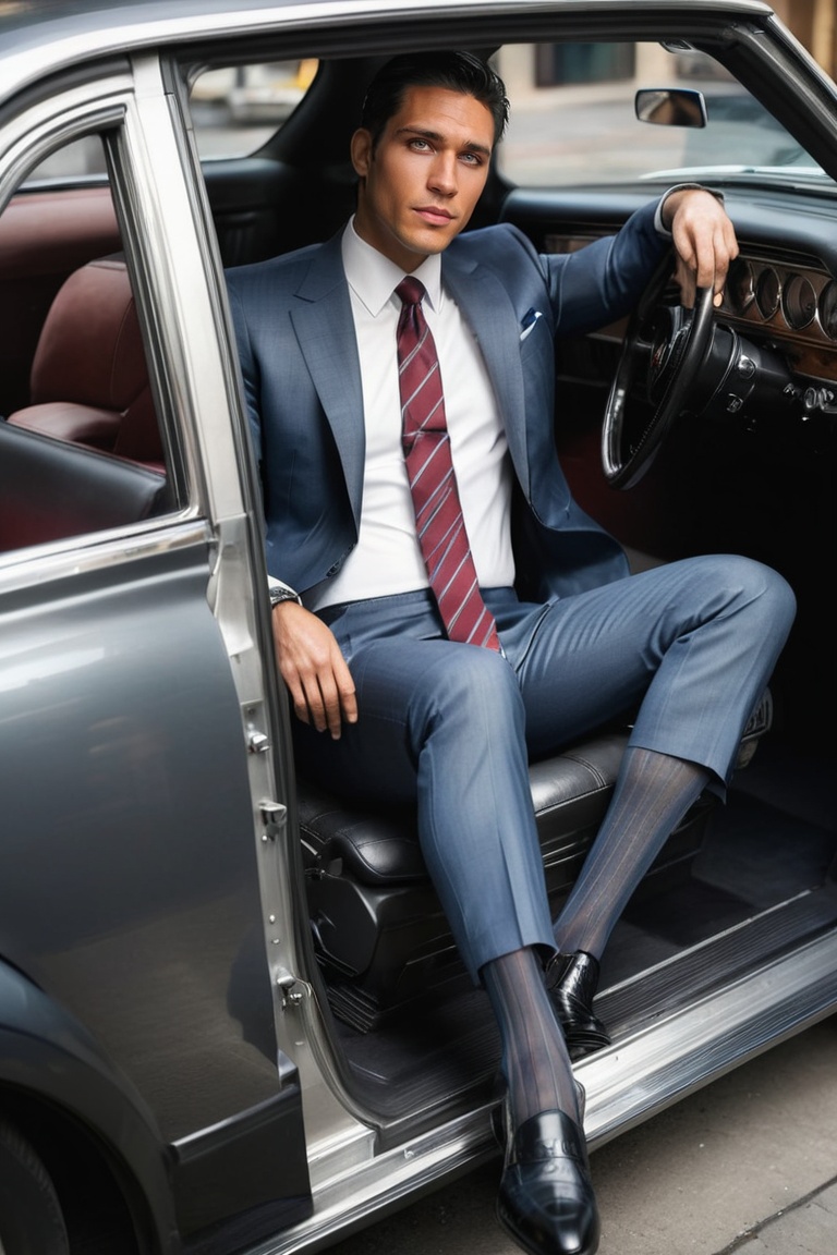 1guy,  full body,  over the calf socks with blue vertical stripe on Tensor.Art