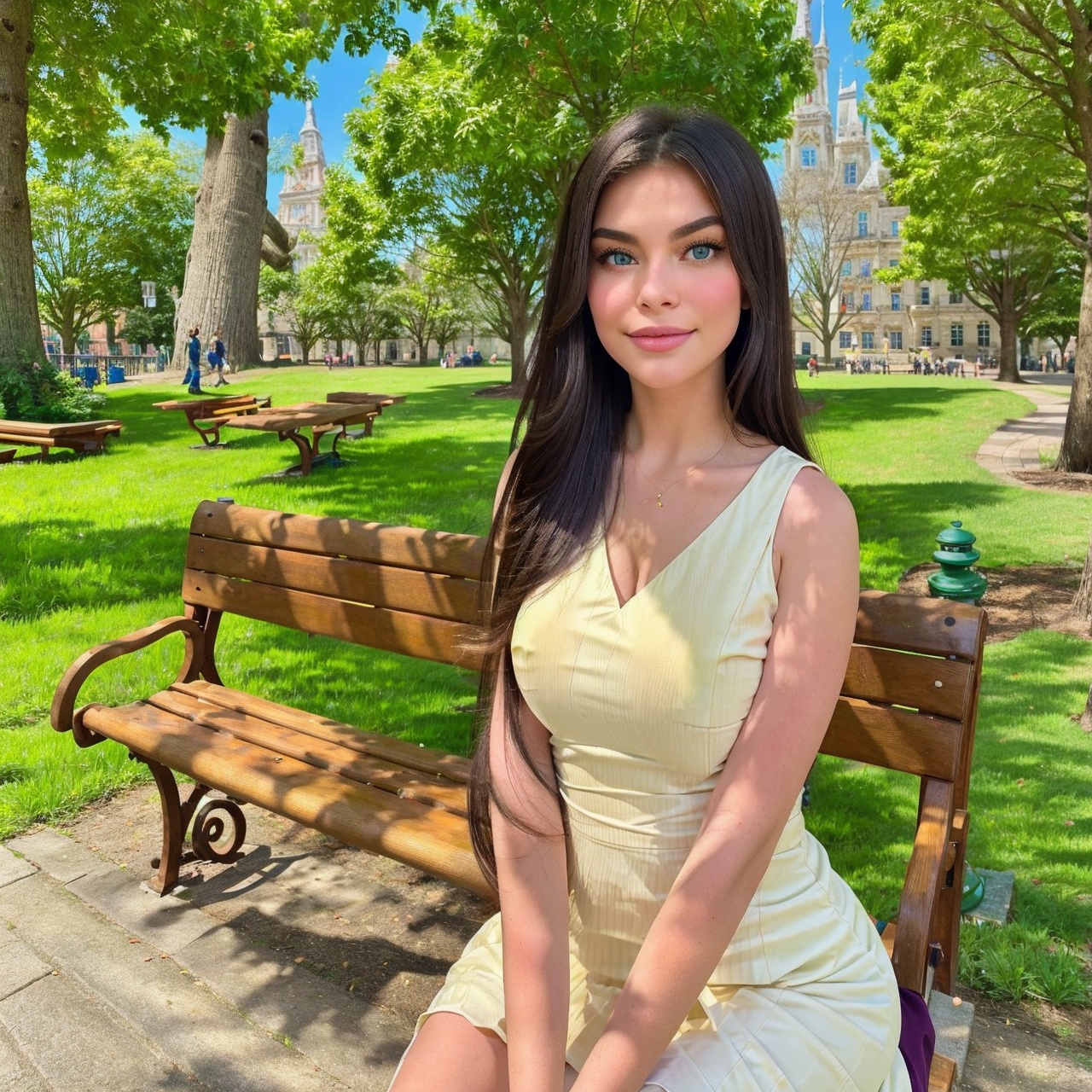 A girl sitting on a bench in a park,  beautiful detailed eyes,  soft smile on Tensor.Art