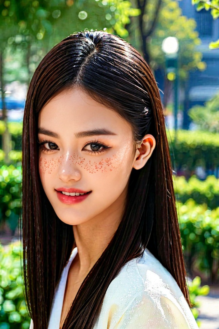 Photorealistic portrait of a 27-year-old Vietnamese girl with long black with white highlight wave hair.She has dark choco...