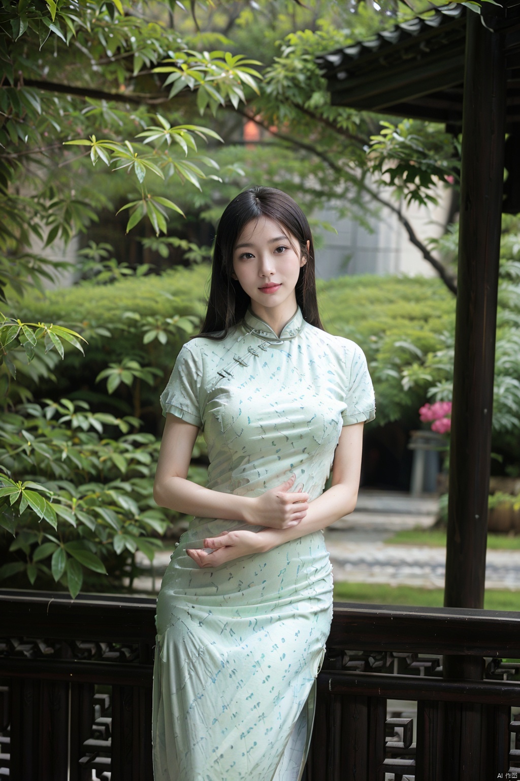 (global illumination, reality,ray tracing, HDR, unreal rendering, reasonable design, high detail, masterpiece,best quality, ultra high definition, movie lighting),
1girl,outdoor,looking_at_viewer,side_blunt_bangs,china_dress,chinese_style,big breasts,pose,solo,1girl,black hair,black eyes, , qipao