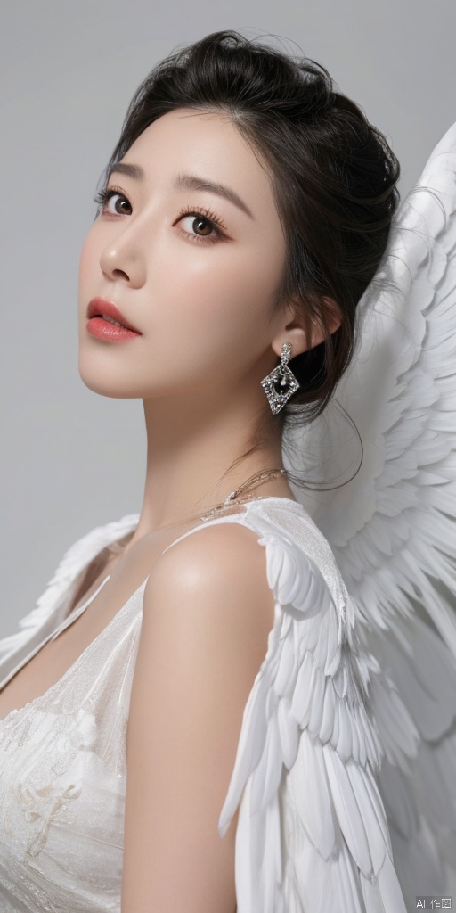  1girl, solo, short hair, simple background, black hair, jewelry, earrings, black eyes, lips, portrait, realistic
feathered wings, angel wings, white wings