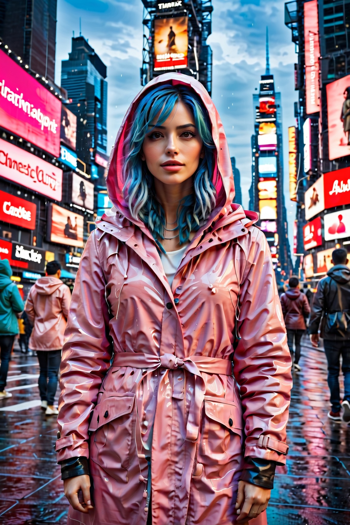 Ultra-high resolution, cinematic lighting,Woman wearing pink raincoat in Times Square,xxmix_girl,more detail XL, blue medium hair, mexican