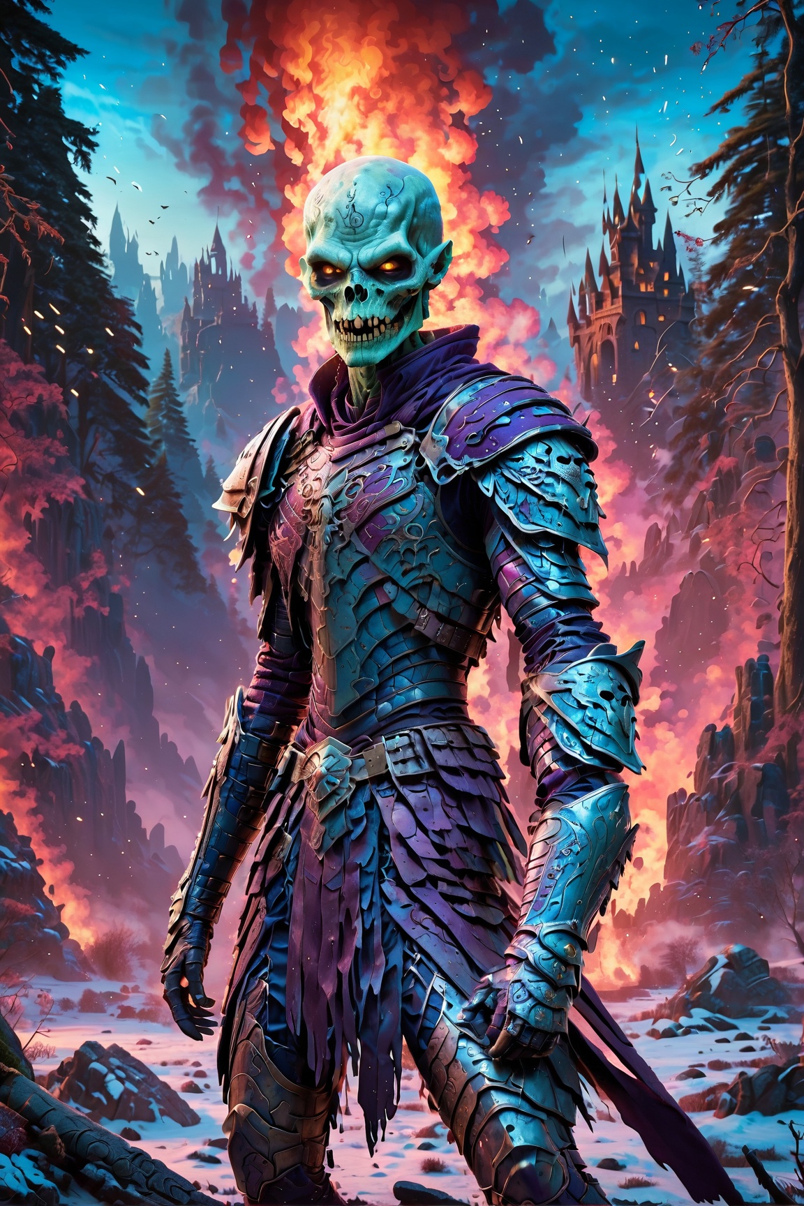 winter landscape, with a (((emaciated:1.5))) (((desiccated:1.5))) male warlock with pallid white skin, dressed in furs and (((leather armour:1.4))) once attractive, he is a (((necromancer:1.2))), a undying, reborn, he is (((skinny:1.7))) and (((slim:1.6))) dressed in a robes and a cloak, his face has an unearthly beauty, his clothes are torn and tattered, flapping in the wind, (((musclular:1.5))), (((undead:1.6))), striding through fire

