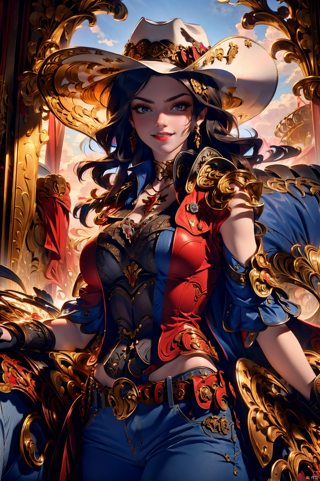  (realistic:1.3), finely detailed, quality, rembrandt lighting, (masterpiece:1.2), (photorealistic:1.2), (best quality), (detailed skin:1.3), (intricate details), dramatic, ray tracing, 1girl, american girl, 21 years old, detailed skin texture, (blush:0.5), (goosebumps:0.5), subsurface scattering, 21 years old, smiling, long hair curls, blonde hair, parted bangs, hair between eyes, cowgirl outfit, cowboy hat, scarf, vest, revolver, holster, ammo belt, jeans, (riding on horse, wild west buildings),,, cowgirl