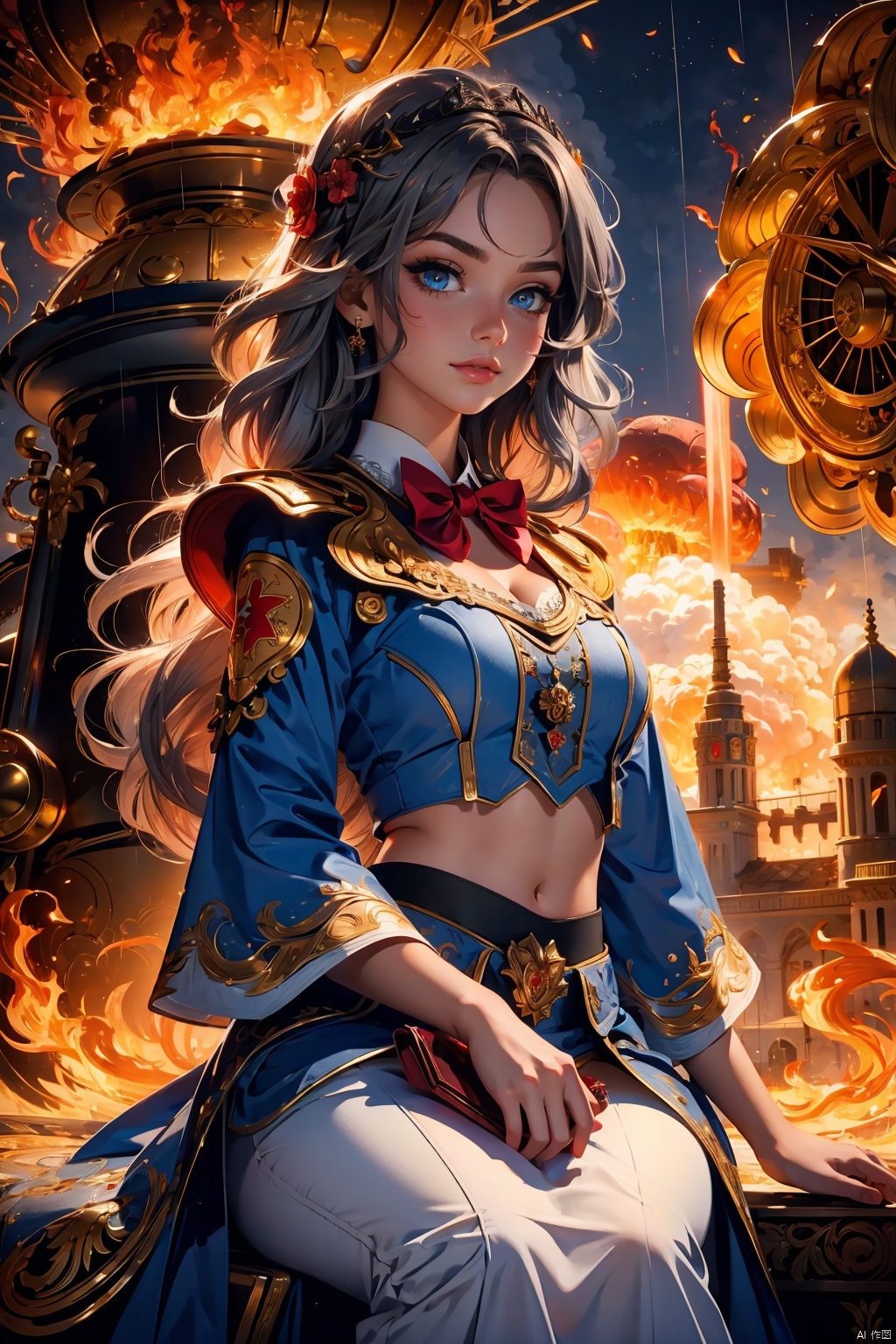 (((masterpiece))),best quality, illustration,(beautiful detailed girl),beautiful detailed glow,((flames of war)),(((nuclear explosion behide))),rain,detailed lighting,detailed water,(beautiful detailed eyes),expressionless,palace,azure hair,disheveled hair,long bangs,hairs between eyes,(whitegrey dress),black ribbon,white bowties,midriff,big forhead,blank stare,flower,long sleeves