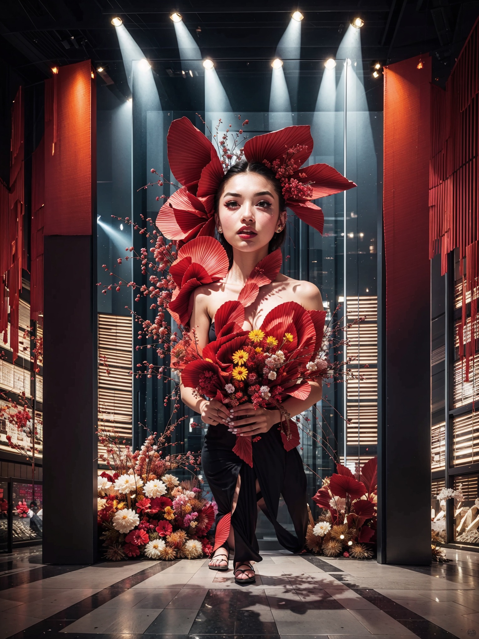 Festival atmosphere1girlsoloblack hairdressstandingflowerblack dresslipstickfishsurrealdesign
