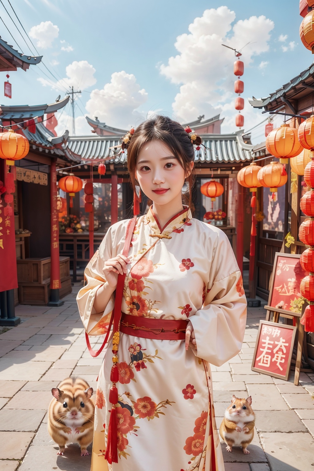 Day, Chinese New Year, Animal Lantern, A Girl and Many hamsters dressed in Chinese clothing to greet the audience, Happy, Festival atmosphere, new year, Festival atmosphere, light, ((Best quality)), ((Best quality)), ((realistic)), ((exterior view)), photo realistic, (masterpiece), orante, super detailed, intricate, photo **** imagequality, Festival, atmosphere, hamster