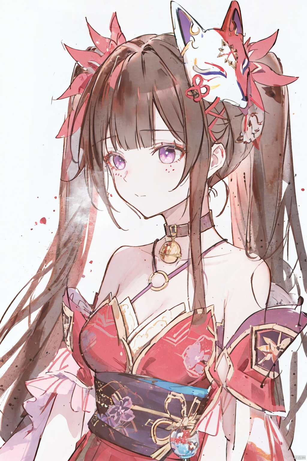  (masterpiece:1.2),best quality,PIXIV, 1girl,solo, depth of field, red dress, looking far away, brown hair, purple eyes ,huahuo,twin_tails,fox mask