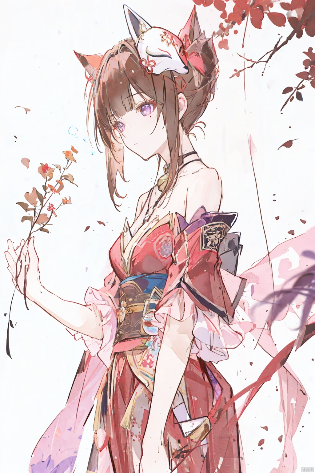  (masterpiece:1.2),best quality,PIXIV, 1girl,solo, depth of field, red dress, looking far away, brown hair, purple eyes ,huahuo,twin_tails,fox mask