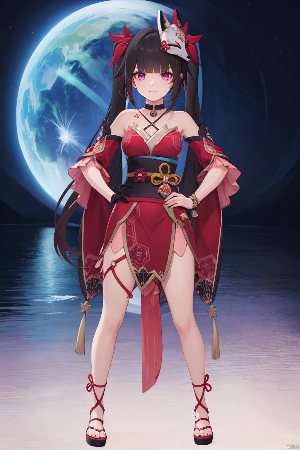  8k, best quality, masterpiece, (ultra-detailed:1.1), (high detailed skin),(full body:1.3), standing, looking at viewer, (solo:1.4), hand on hip, huahuo, 1girl, single_glove, mask on head, sash, black hair, twintails, purple eyes, obi, fox mask, single glove, japanese clothes, Cherry blossom tattoo, chest tattoo,(beautiful_face), ((intricate_detail)), clear face,((finely_detailed)), fine_fabric_emphasis,((glossy)), full_shot,
