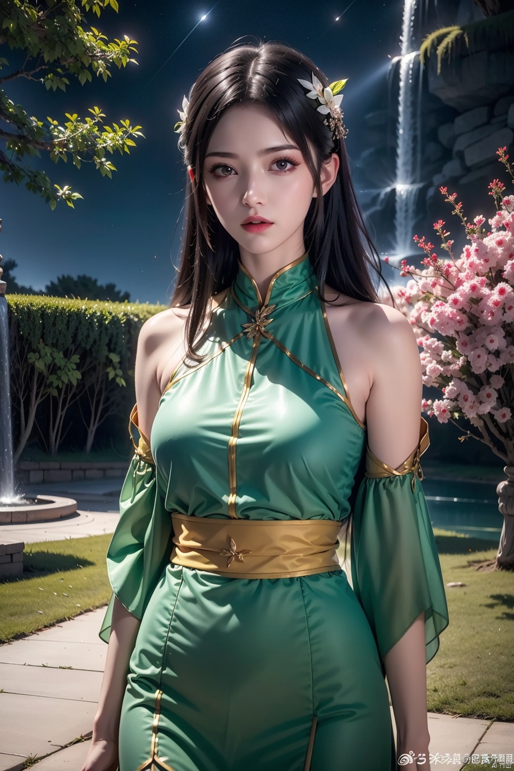 palm_tree, plant, potted_plant, tree, tanabata, 1girl, bamboo, tanzaku, leaf, ivy, branch, palm_leaf, solo, vines, dress, outdoors, night, hair_ornament, long_hair, pine_tree, bare_tree