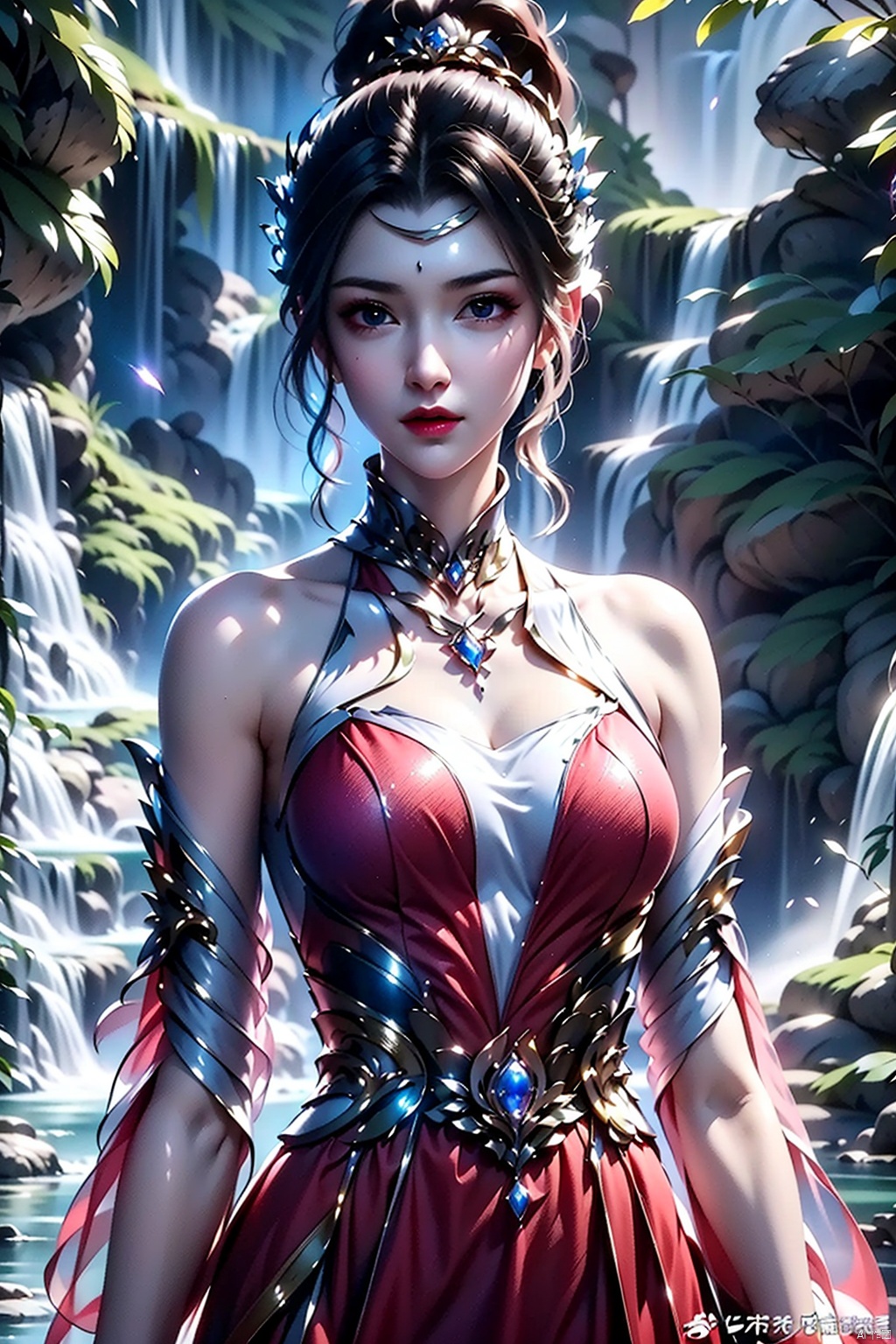  masterpiece,best quality,official art,extremely detailed CG unity 8k wallpaper,1girl,high ponytail, looking at viewer, pov, standing, angry, upper body, waterfall, pink dress,light rays, light particles,Transparent rabbit ears, 1girl