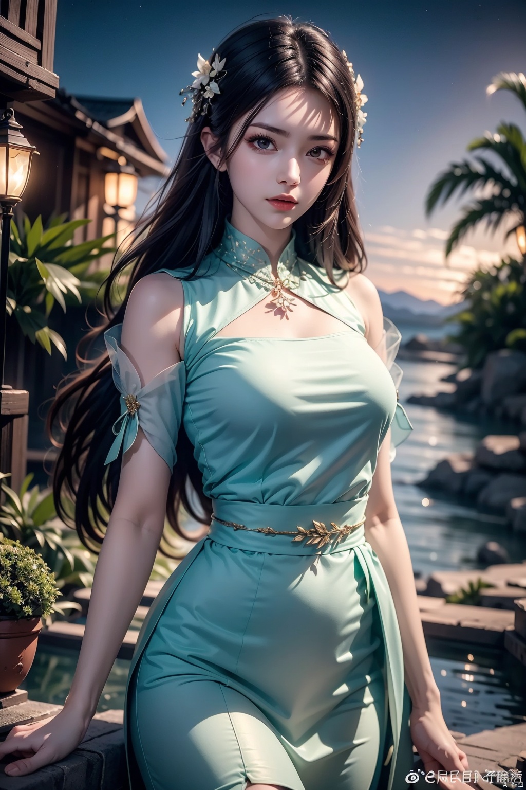 palm_tree, plant, potted_plant, tree, tanabata, 1girl, bamboo, tanzaku, leaf, ivy, branch, palm_leaf, solo, vines, dress, outdoors, night, hair_ornament, long_hair, pine_tree, bare_tree