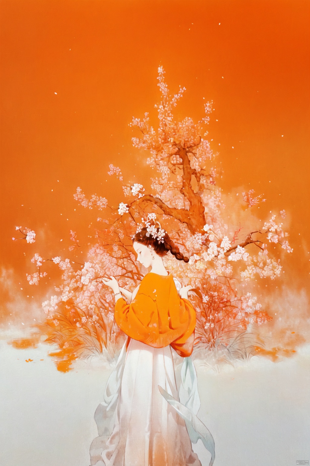 The image is an anime style representation of a beautiful girl in a flowing white and orange dress, surrounded by a vibrant red and orange floral arrangement. The lighting is soft and warm, casting a golden glow on the girl and her surroundings. The colors are vibrant and rich, with the red and orange hues of the flowers and her outfit creating a striking contrast against the white background. The girl appears to be in a state of deep thought, her lips slightly parted as if in mid-conversation. The image is well-composed, with the girl standing in the center of the frame, surrounded by the vibrant red and orange hues of the flowers and her outfit. The background is simple yet effective, with a white wall providing a clean and uncluttered backdrop. The girl's outfit is intricately designed, with flowing sleeves and a delicate floral pattern on her skirt. Her hair is finely detailed, with intricate braids and curls. The flowers around her are similarly detailed, with delicate petals and intricate branching patterns. The image is a beautiful and well-crafted representation of the anime genre, with its vibrant colors, intricate details, and flowing lines creating a sense of movement and energy. The girl's deep thoughtfulness and striking appearance make her a captivating subject, and the soft lighting and close-up composition add a sense of intimacy and connection to the viewer.