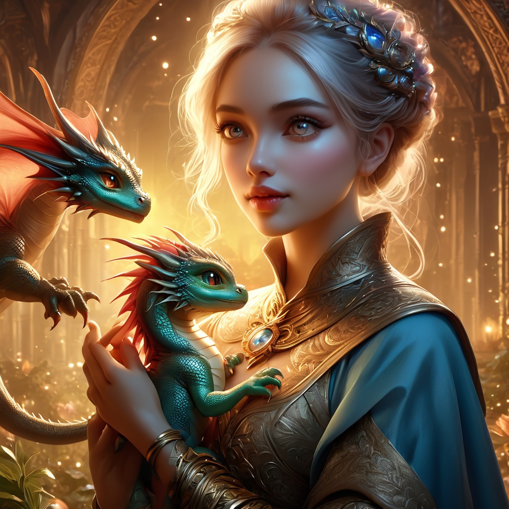 fantasy,  woman holding a tiny baby dragon in her hands,  detailed eyes on Tensor.Art