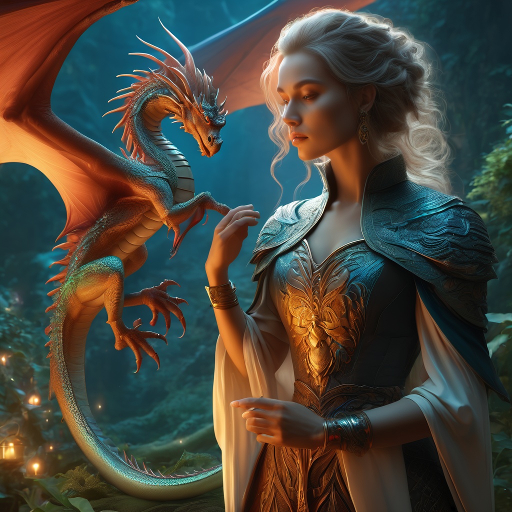 fantasy,  woman and a tiny realistic dragon,  digital illustration on Tensor.Art