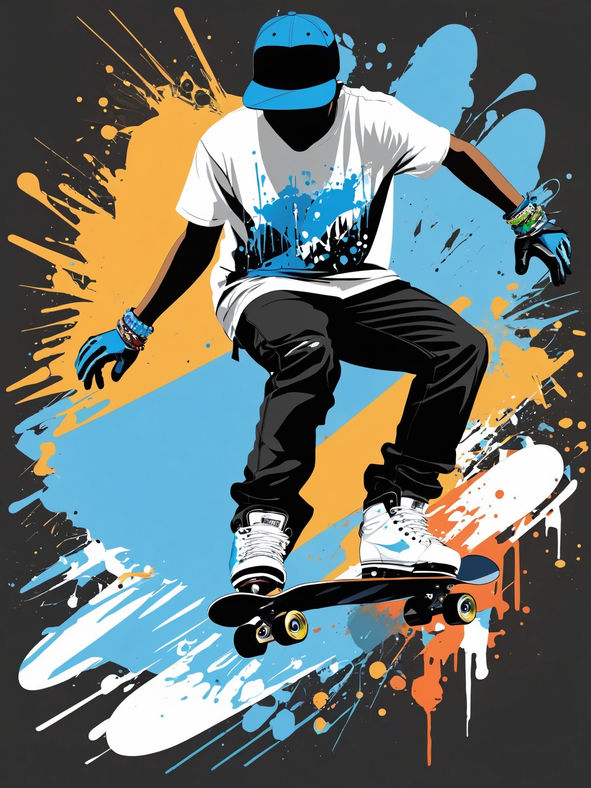 AiArtV,t-shirt design, shirt,gloves,1boy,hat,full body,short sleeves,male focus,shoes,pants,bracelet,shadow,black pants,white footwear,baseball cap,blue headwear,silhouette,paint splatter,skates,skateboard