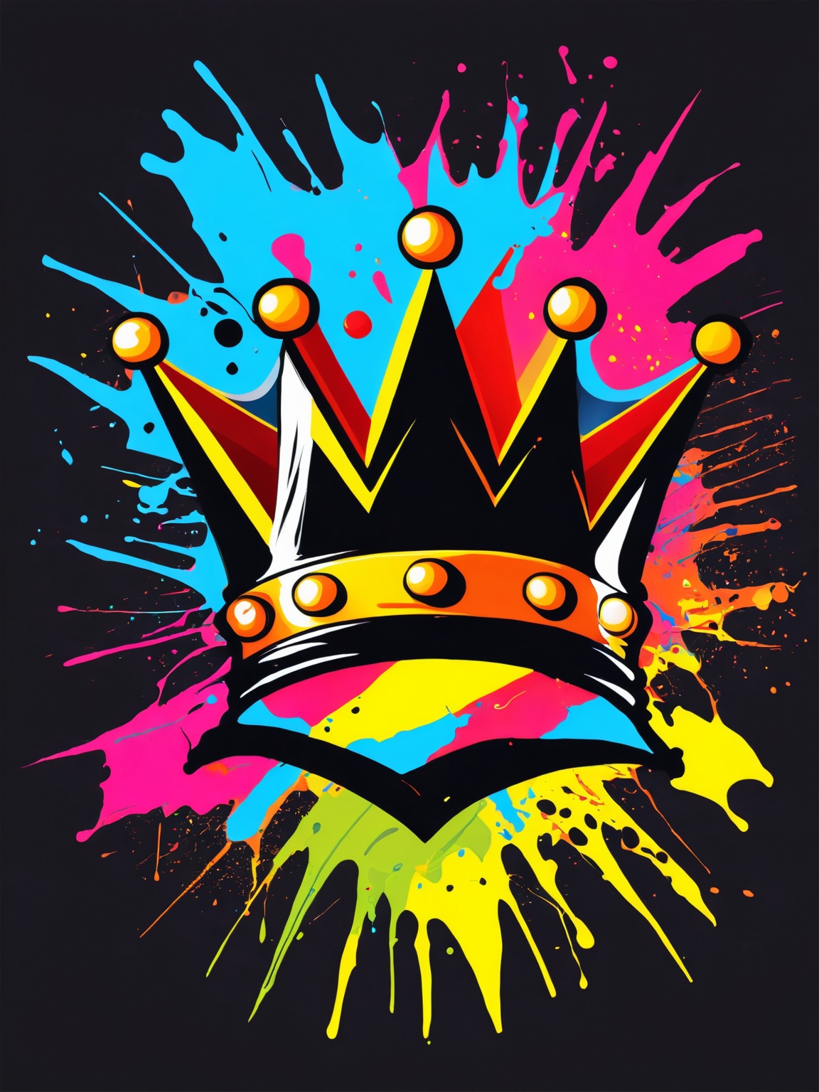 AiArtV,t-shirt design,black background,crown,paint splatter,vector illustration