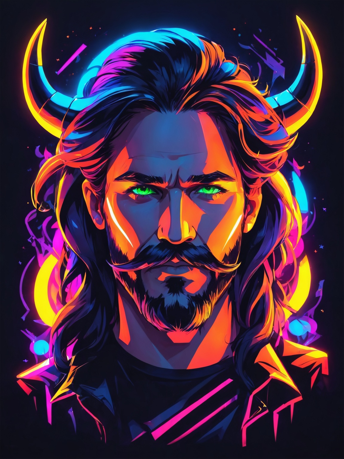 AiArtV,t-shirt design, long hair,looking at viewer,1boy,closed mouth,green eyes,male focus,horns,facial hair,neon fire,neon glow, neon lighting,black background,portrait,beard,mustache,fake horns,black background,vector illustration