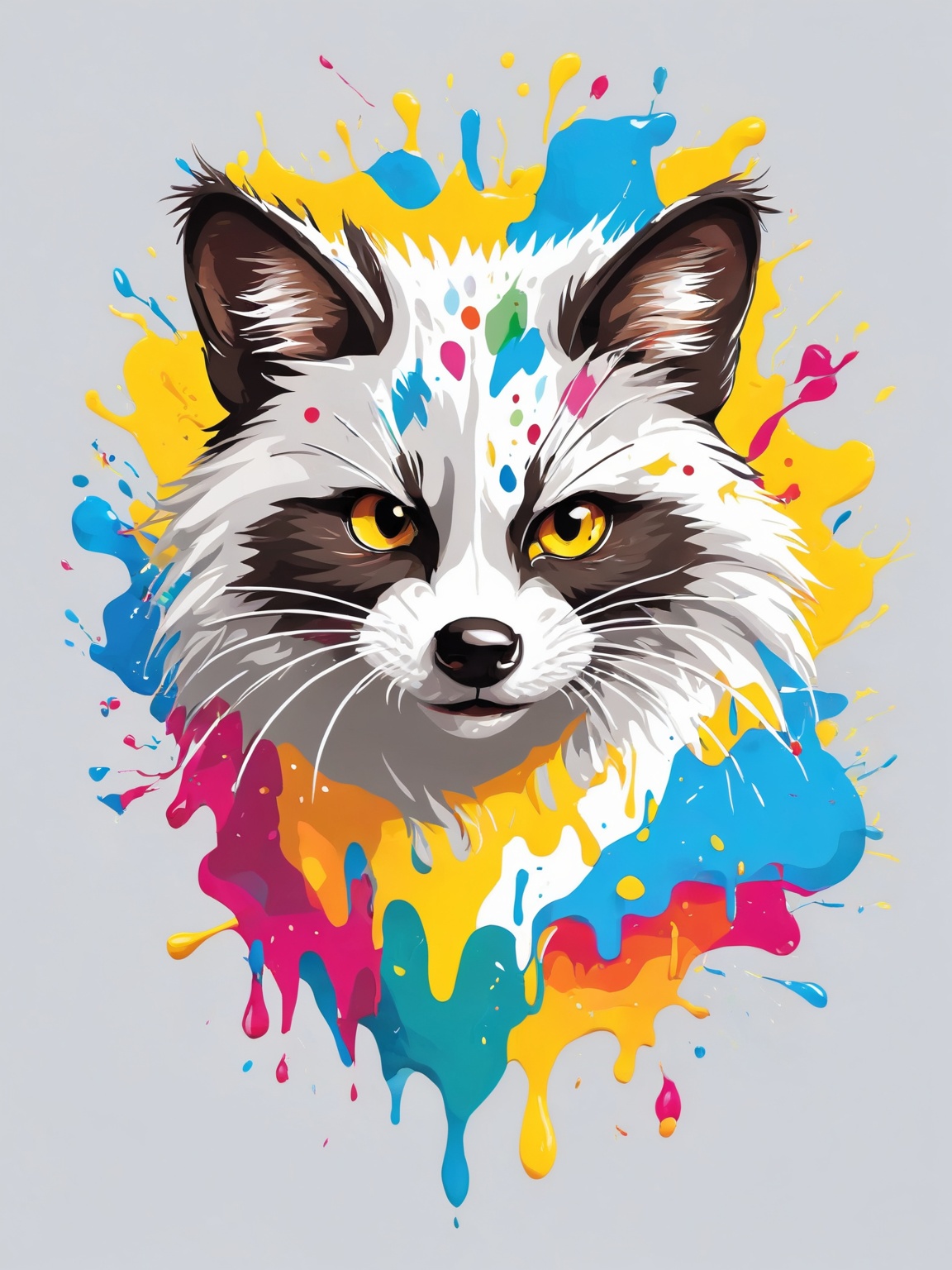 AiArtV,t-shirt design, looking at viewer,simple background,white background,yellow eyes,teeth,grey background,animal,animal focus,whiskers,colorful,paint splatter,paint