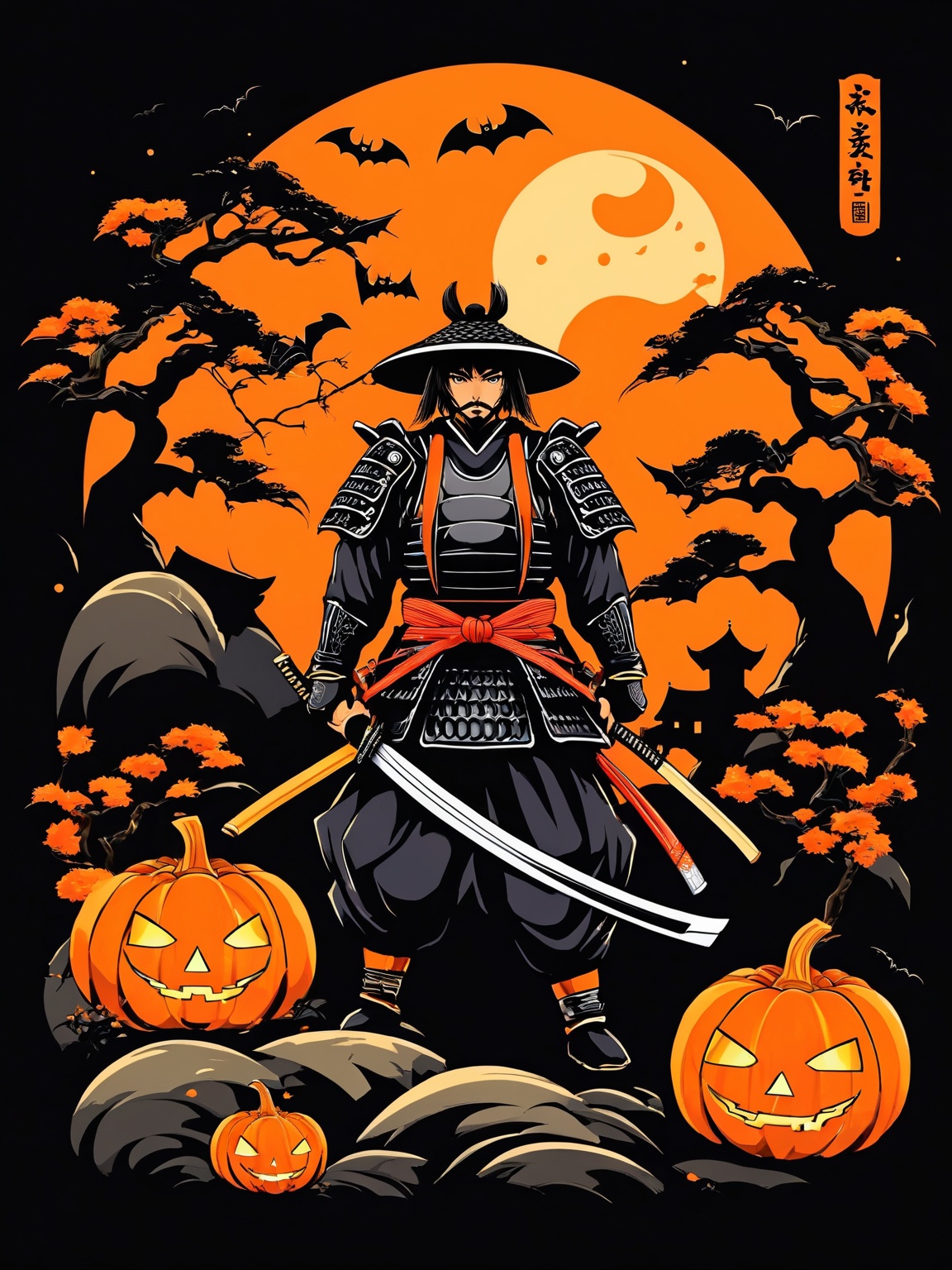 AiArtV,t-shirt design, gloves,1boy,holding,weapon,male focus,japanese clothes,sword,armor,moon,katana,helmet,shoulder armor,full moon,halloween,jack-o'-lantern,japanese armor,pumpkin,bat (animal),castle,sode,samurai,kusazuri,kabuto (helmet)
