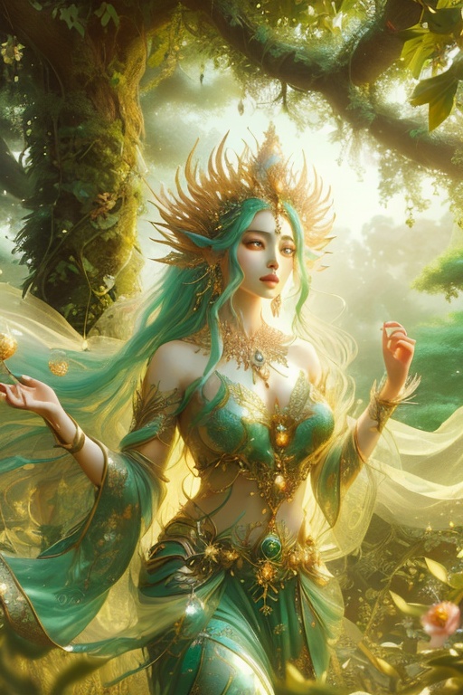 ultra-detailed,  ,  nature goddess transformed into a fantastical creature with a body made of vibrant on Tensor.Art
