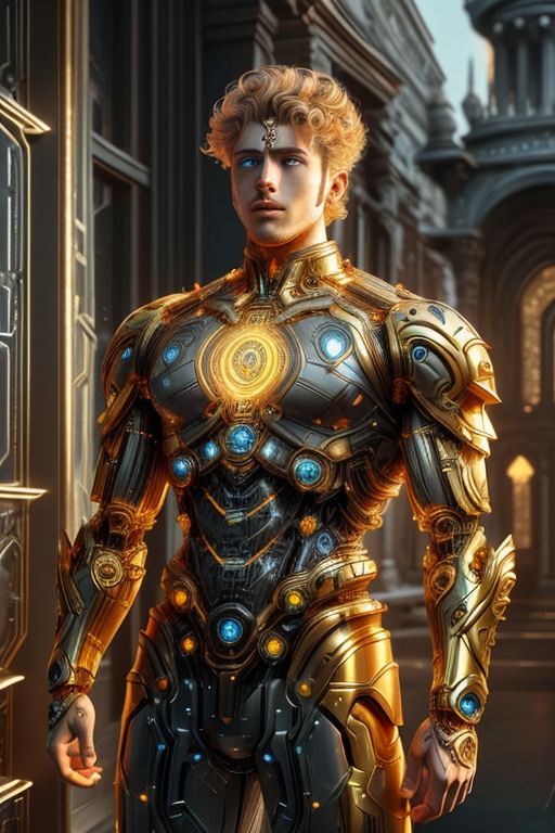 Sci-Fi. Lorgar Aurelian is a human being,  a man of 28,  short curly blonde hair on Tensor.Art
