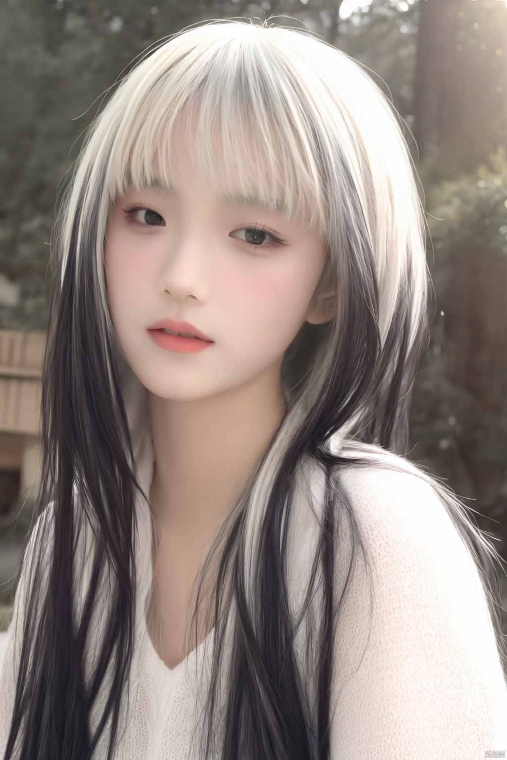  masterpiece, best quality, high_res, (Realistic:1.5), 1girl, white-black-hair, multicolor_hair