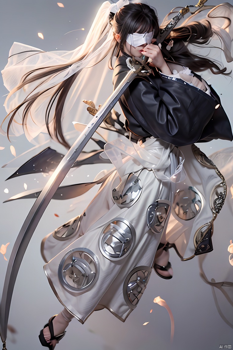  HDR, UHD, 8K, High detailed, best quality, masterpiece, (minimalist style: 1.2), solo, 1 girl, female focus, long hair, (silver hair：131, ponytail), (white veil blindfold: 1.6), boots, (height intensity: 0.8), (transparent, black white, smoke surround: 1.35), (long, sword: 1.31), (special effects), white clothing, Hanfu, kimono, magic., light master, dofas