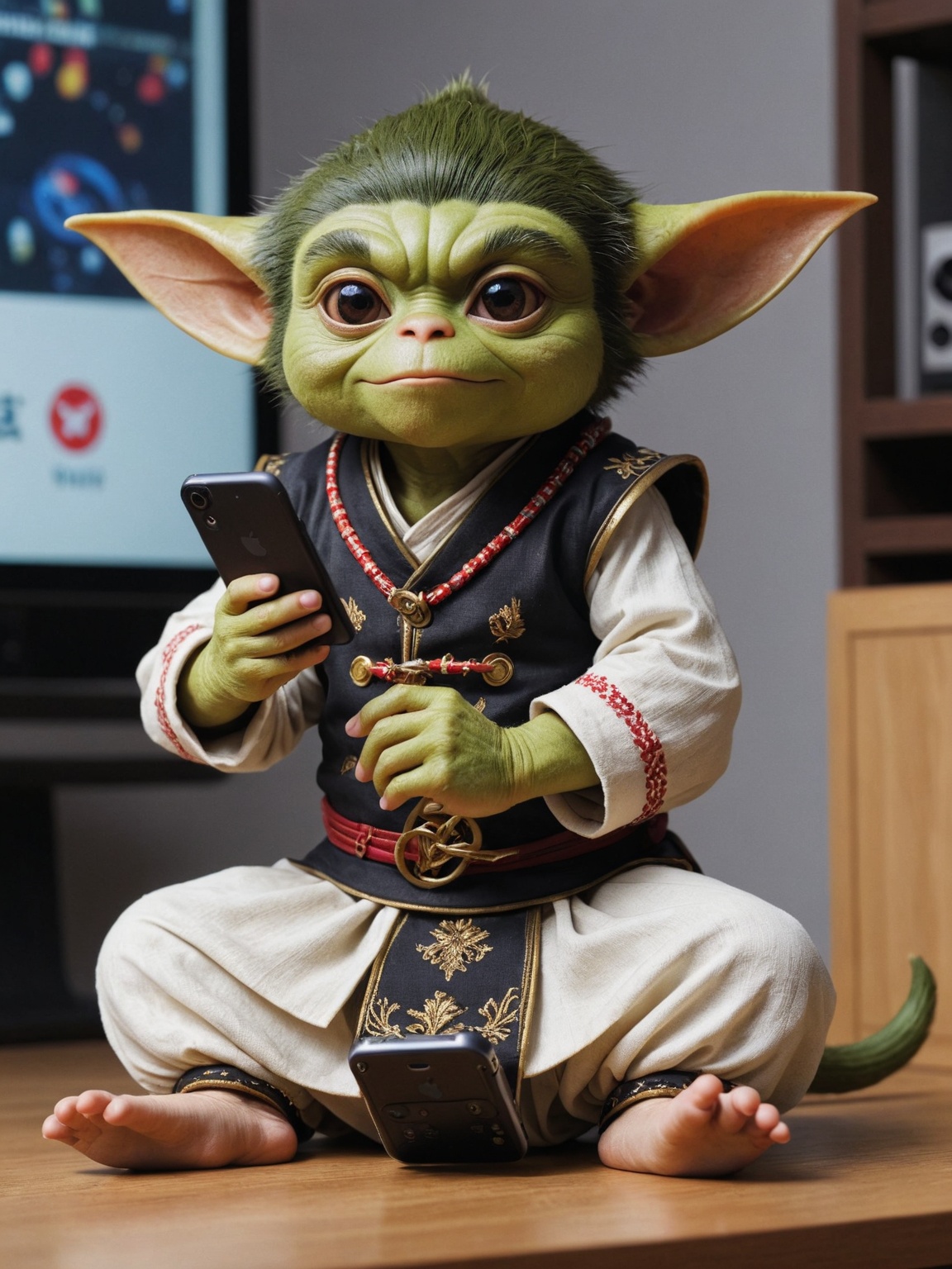 + Authentic High-Tech Male Gremlin,  Playing video games,  he is wearing ShÅwa Era Tracht on Tensor.Art