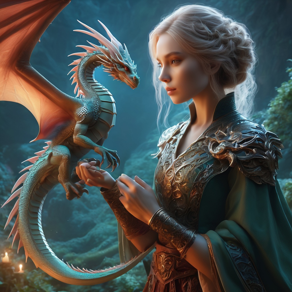 fantasy,  woman and a tiny realistic dragon,  digital illustration on Tensor.Art