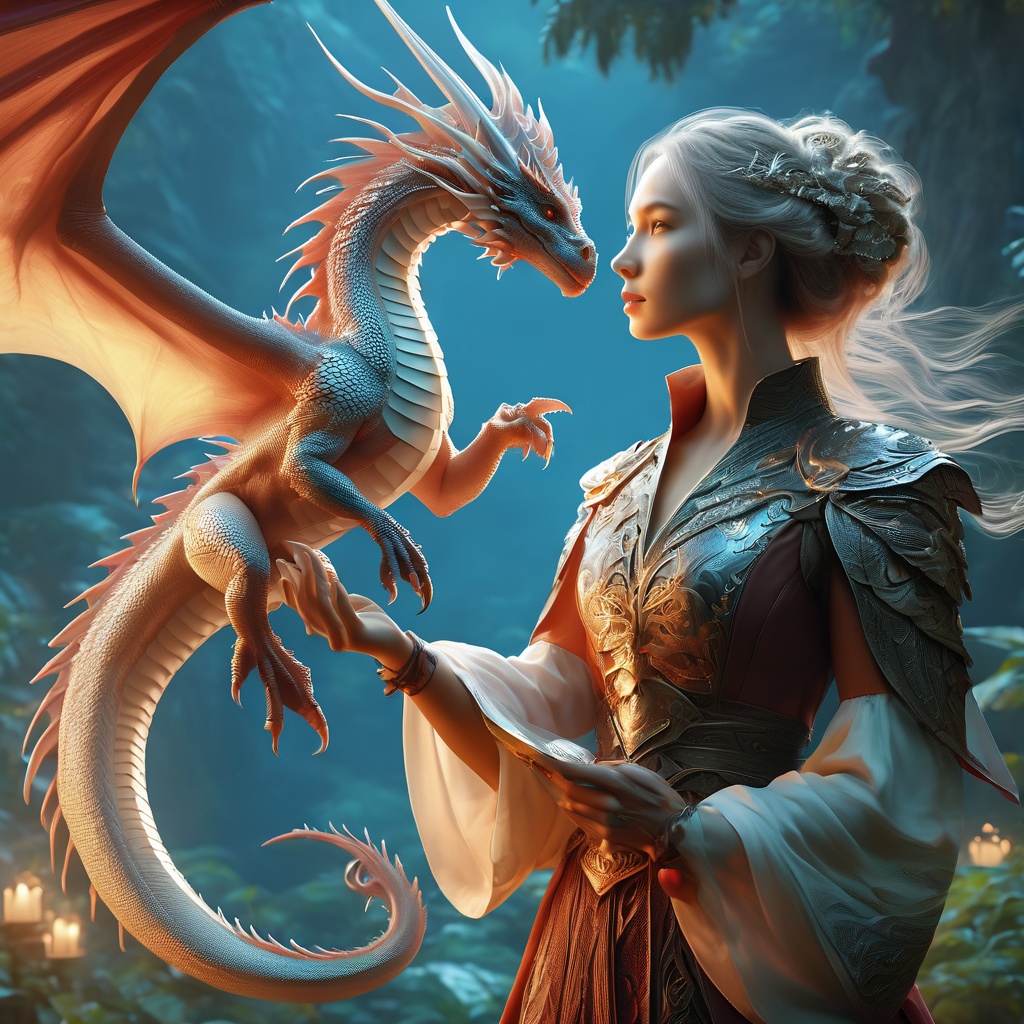 fantasy,  woman and a tiny realistic dragon,  digital illustration on Tensor.Art