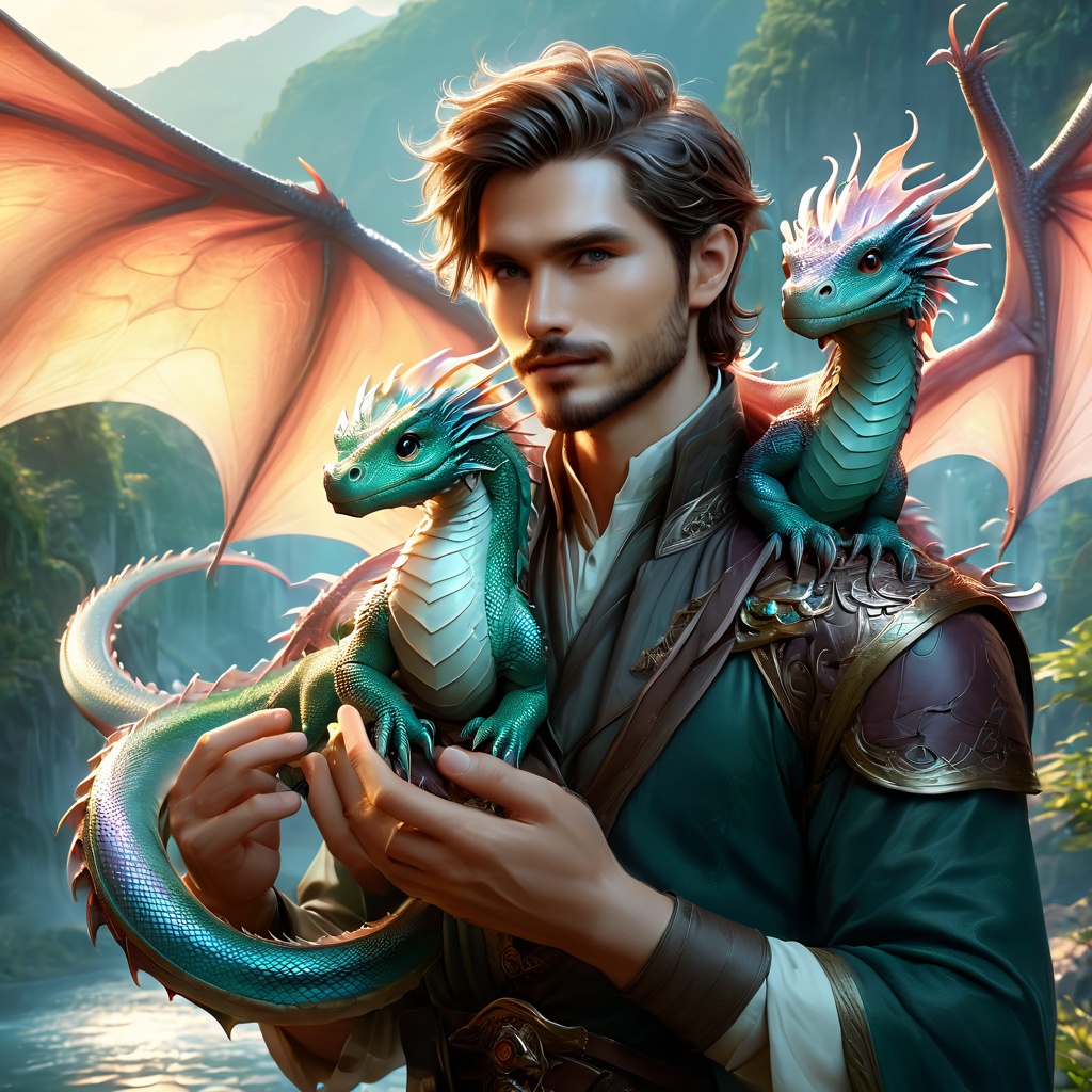 fantasy,  rogueish man holding a ((tiny realistic dragon)),  tiny dragon on Tensor.Art