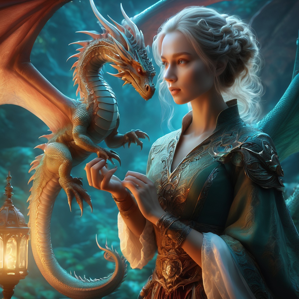 fantasy,  woman and a tiny realistic dragon,  digital illustration on Tensor.Art